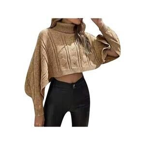 Womens Turtleneck Loose Fit Jumper Long Sleeves Chunky Knitted Cropped Top